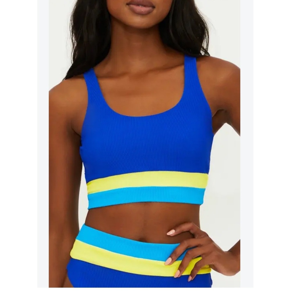 Beach Riot Mackenzie Colorblock Ribbed Bikini Top Blue Yellow Turquoise Medium
